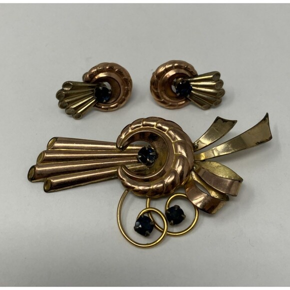 Harry Iskin Vintage 1/20 10k Brooch & Screw Back Earrings Set Art Deco 1940’s - Picture 1 of 13